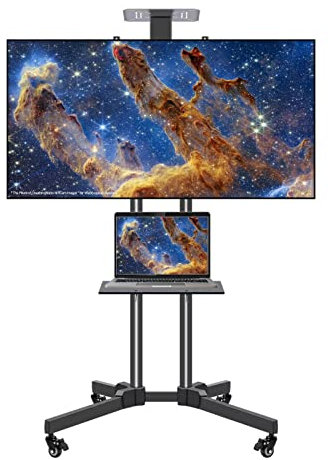 Soporte de TV móvil con ruedas - Soporte para TV de 32 a 65 pulgadas, con estante ajustable para computadora portátil y bandeja superior, para TV de piso con ruedas para pantalla plana curva, VESA máx