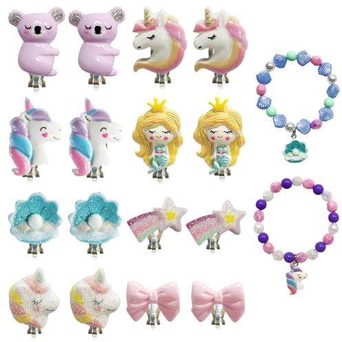 VONJUMA Clip Ohrringe & Ohrclips - Mädchen & Kinder Set mit Einhorn-Prinzessin-Design & 2 Armbändern