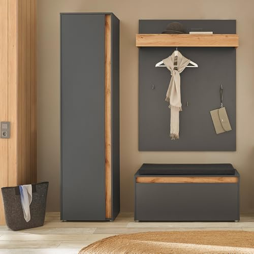 Lomadox Flur Garderoben Set in anthrazit mit Eiche, 3-teilig, Garderobenpaneel, Schuhbank, Garderobenschrank, modern