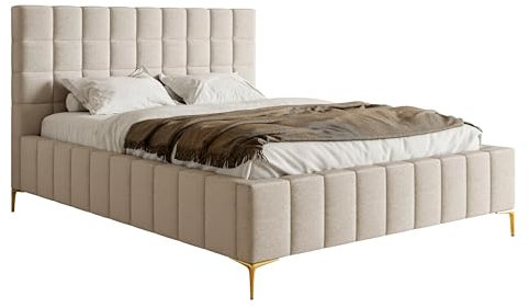 Selsey Bett Polsterbett Doppelbett 180 x 200 cm Mit Bettkasten Metallrahmen Goldene Beine Gasdruckfeder Schlafbett Chenille Graubeige Szejlo