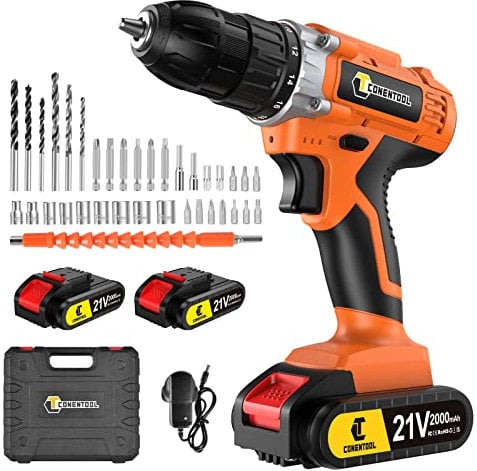 Conentool 21V Cordless Drill Set, Electric Drill with 2 × 2.0 Ah Lithium Batteries, 2 Speed Power Combi Drill Torque 25+1, 45 N.m Max Cordless Screwdriver with LED Light, 36PCS Accessories, Orange