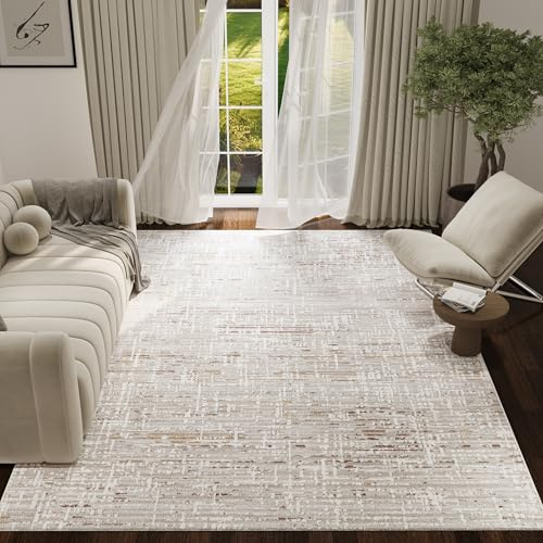 TAPISO Trend Teppich Kurzflor - Moderner Teppich Hochwertig- Eleganter Wohnzimmerteppich in Creme Beige mit Braun Grau- Streifen Verwischt Figuren- Pflegeleichter Teppich-Oeko-TEX 160 x 230 cm