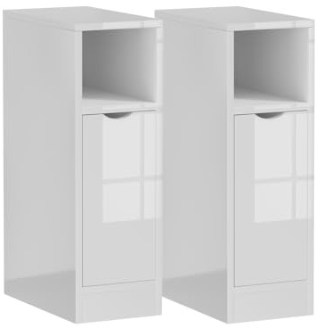 Rainbow Tree Slim Tall Bedside Tables Set of 2 with Door & Storage Space for Bedroom, High Gloss Narrow Sofa Side Table End Table for Living Room, Nightstand High Gloss White