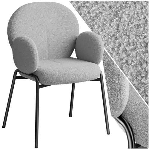 tectake® Esszimmer Stuhl mit Armlehne, Wohnzimmer Sessel, Dining Chair, Loungesessel skandinavisch, Polsterstuhl bequem, Bouclé Teddystoff Bezug, Statement Möbel für Schlafzimmer (hellgrau)