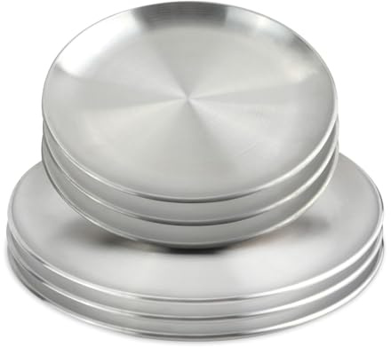 Juego de 6 platos de acero inoxidable 18/8 de 20,3 y 22,8 cm, 304 de metal, para niños y adultos, platos redondos para servir restaurantes, aperitivos, desayuno bufé, camping (plata)