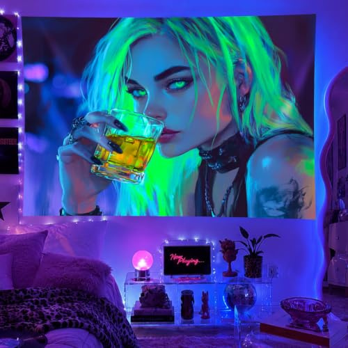 BlissYard Schwarzlicht-Wandteppich, 200 x 150 cm, Neon-Tapisserie, Motiv: trinkendes Mädchen, fluoreszierend, Schwarzlicht, sexy Dame, leuchtet im Dunkeln, Kunst, Wandbehang, Poster, Zimmer