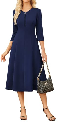 GRACE KARIN Women's 2025 Work Dress,Zipper Front Funeral Dress,3/4 Sleeve Dresses with Pockets, Navy Blue, S