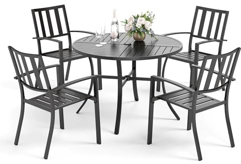 PHI VILLA Garten Esstisch mit 4 Stühlen, Outdoor Balkon Esstisch mit Stapelbaren Metallstühlen und 1 Rund Gartentisch, E-Beschichtung, Gartenmöbel Set