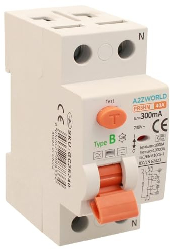 Interruttore Differenziale Puro Tipo B 300mA, Salvavita Type B 40A, RCCB 1P+N 10kA 220V, 2 Moduli DIN, Serie PR8HM Elettromagnetica, Certificato IEC61008-1