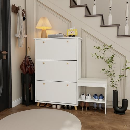 Schuhschrank mit 3 Klappfächern und Sitzbank, großer Schuhaufbewahrungsschrank mit doppellagigen Fächern und verstellbaren Regalen, moderner freistehender Schuhregal-Organizer für Flur, Weiß