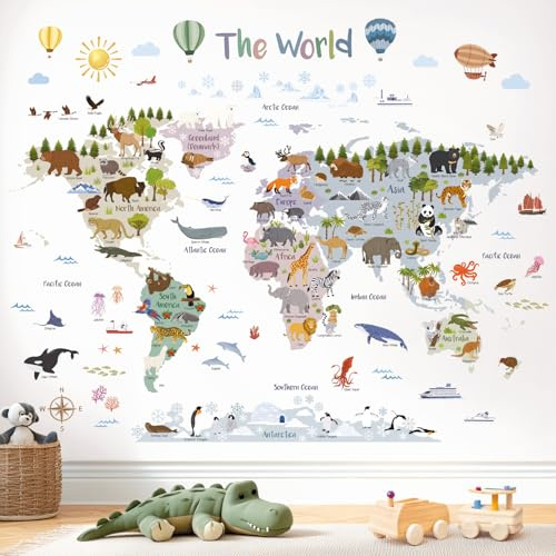 DECOWALL Adesivi Murali Mappa del Mondo Boho con Animali – Wall Sticker Educativo per Camere dei Bambini, Asili e Sale Giochi (105 × 83 cm) (SG2-2516)