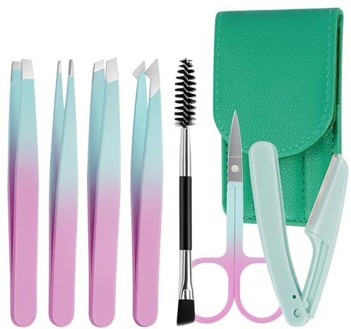 AUYAO Präzisions Pinzetten Set mit Reisetasche 8PC Professional Tweezers Stainless Steel Pinzette Augenbrauenschere Augenbrauen Bürste Rasierer Zupfen Spitzzange Flachzange Set für Braue Kinn Wimpern