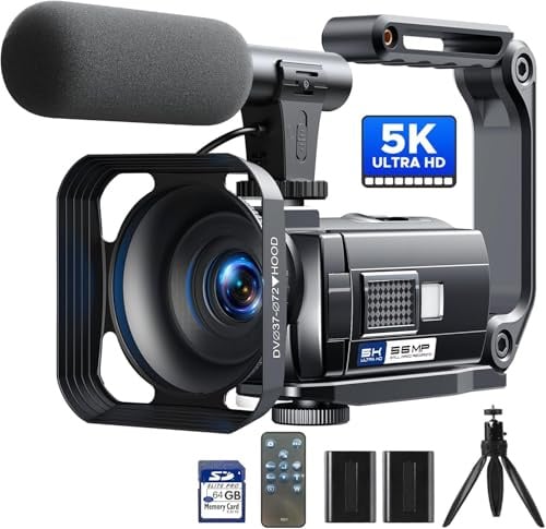 Camcorder 5K 56MP Videocamera YouTube Kit Completo, Visione Notturna WiFi Webcam, zoom digitale 16X, Schermo Tattile 3 270°, Camera Vlog con scheda SD da 64GB, Treppiede, Microfono, 2 Batterie