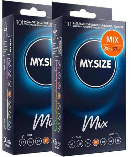 MY.SIZE Mix Kondome 57mm 20 Stück – XL Passform | Sorten: Blau, Rot mit Erdbeeraroma, Gerippt, Natur | Premium Qualitätskondome | Deutsche Marke | 0,07mm Wanddicke | aus Naturkautschuklatex
