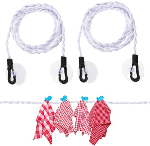 SWYZOR Filo per Stendere Il Bucato da Esterno,2 Pcs Stendibiancheria da Viaggio,Portatile, con Ganci e Ventose,per Viaggi, Vacanze, Attività All'aperto, Campeggio, Dormitori (Bianco)