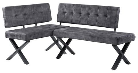 B&D home Eckbank EKA L-Kombi 100x176cm – modulare Esszimmerbank mit Lehne, beidseitig montierbar (Links/rechts), Kufen-Metallgestell, pflegeleichter Bezug in Anthrazit