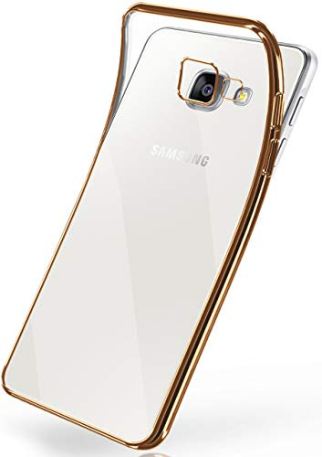 moex Transparente Silikonhülle im Chrome-Style kompatibel mit Samsung Galaxy A3 (2016) | Flexibler Schutz mit Hochglanz Metallic Rahmen, Gold
