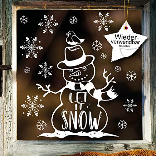 Wandtattoo Loft Fensterbilder Weihnachten mit Schneemann & Schneeflocken – Wiederverwendbar – A3 Bogen, 16 Sticker – Weihnachstdeko Fenster Kinderzimmer, Weihnachtsbilder Fenster, Fensterbild Winter