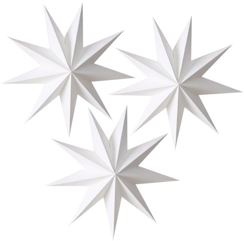 EASY JOY 3Pcs 9-Pointed Paper Star Lantern 3D Paper Stars Foldable Christmas Ceiling Decorations 12 Inch White Xmas Decorations Wedding Birthday Christmas Home Party Supplies