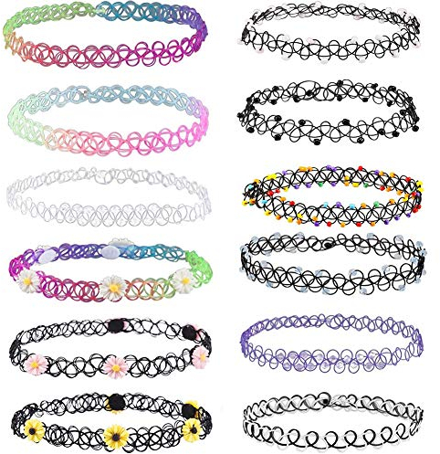 Soleebee 12 Stück Tattoo Choker Halskette Set Mode Stretch Gothische Elastische Halsband Schmuck-Sets Damen Halskette Schmuck für Frauen Mädchen (Bunte Tattoo Choker mit Charme)