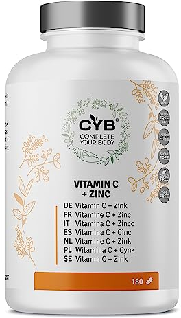 CYB | Vitamina C & Zinc | Vitamina C 225mg - Zinc 2,25mg - 180 Tabletas Suministro para 6 Meses - Suplemento Diario Vegano - Multivitaminas Vitaminas & Minerales - Sin Gluten ni Lactosa