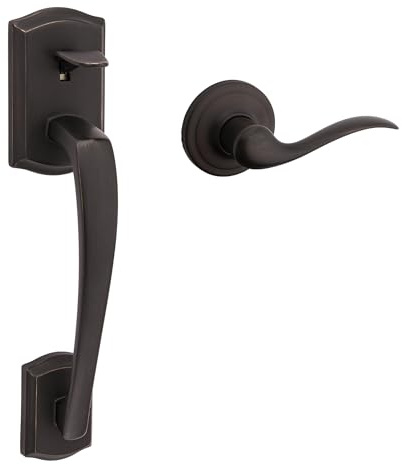Kwikset Prescott Front Door Handle No Lock, Entry Handleset Exterior with Interior Reversible Handed Lever, Non-Locking, Venetian Bronze, Deadbolt Not Included, with Microban Protection