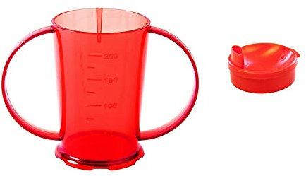 NuHorizons Healthcare Products Two Handled Graduated Beaker with Lid - Pack of 1-200ml Adult Feeder Cup - Drinking Aid (Colour Red, Wide Spouted Lid)