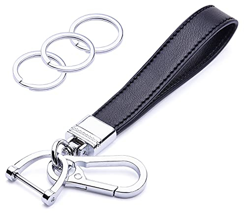 wisdompro Genuine Leather Car Keychain, Universal Heavy Duty Car Key FOB Key Chain Holder, leather Strap Keyrings for Car Keys with Anti-lost D-ring for Men & Women - Black