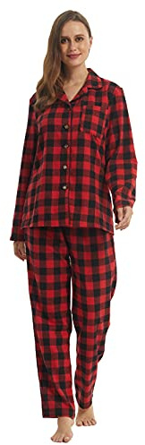 YUSHOW Schlafanzug Damen Lang Zweiteiliger Baumwolle Winter Flannel Kariert | Oberteile mit Brusttasche Pyjamahose Hausanzug ,Cotton Polyester, Kuschelig Frauen Weihnachts Lounge Set, Zuhause Entspannen