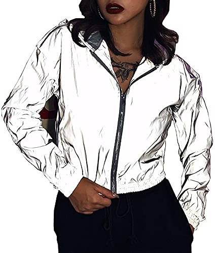 NewL Veste coupe-vent à capuche réfléchissante à manches longues avec fermeture éclair pour femme, gris, S