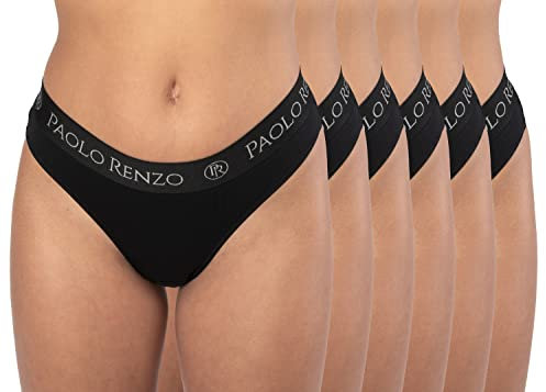 Paolo Renzo Damen Tanga Sport LINE 6 Stück Baumwoll String Sport String Tanga Damen Underwear Atmungsaktiv Größe S Schwarz
