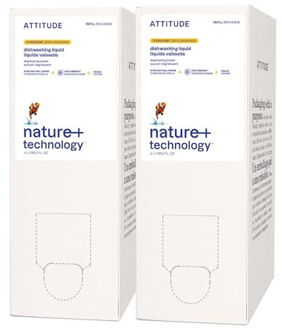ATTITUDE Liquide vaisselle certifié EWG, savon à vaisselle végétalien, à base de plantes, produits dérivés naturellement, zeste d'agrumes, recharge en vrac, 40 ml (lot de 2)