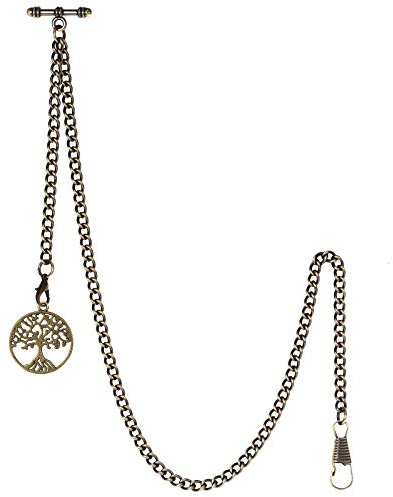 TREEWETO Men's Albert Chain Pocket Watch Curb Link Key Chain 2 Hooks with Antique Life Tree Pendant Design Charm Fob T Bar Bronze