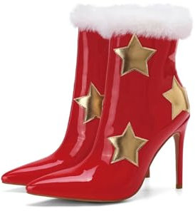 Frankie Hsu Di lusso Peloso Classico di Grandi Dimensioni Carino Oro Stella Rosso Vernice Tacchi Alti Alla Caviglia Gattino Stivali Bootie Scarpe, Rosso, 44 EU