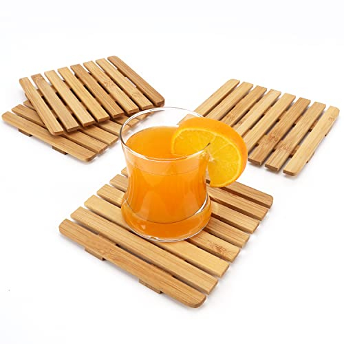 Belle Vous Pack de 4 Posavasos Madera de Bambú - 15 x 15 cm - Posavasos Bambu Cuadrados - Porta Vasos para Cualquier Mesa de Centro Incluyendo Madera, Vidrio, Mármol, Granito y Piedra