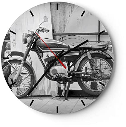 Modern Wanduhr Alt Motorrad Schwarz und Weiß 40x40cm Rund Groß Wand Uhr Glas Analog Zimmeruhren Küche Büro Wohnzimmer Glasuhr Wall Clock Dekoration Design Wanddekoration Küchenuhr C3AR40x40-4487