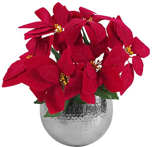 Leaf Artificial Christmas Xmas Red Poinsettia 40cm Houseplant in Pot, Silk, Silver Straight Edge