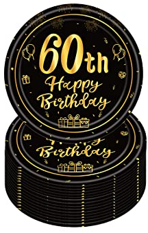Happy 60th Birthday Paper Plates, 7” Black & Gold, 16 Pcs Disposable Tableware for Him & Her 60th Birthday Party Supplies