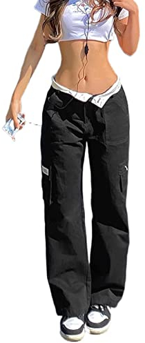 Yassiglia Frauen Cargo Hose Damen Low Waist Weites Bein Crago Pants Y2K Baggy Jeans für Teenager Mädchen Casual Bauchweg Hosen Streetwear (Schwarz Low Waist, S)