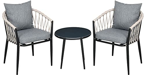 Outsunny Conjunto de Muebles de Jardín 3 Piezas Juego de Muebles de Terraza Incluye Mesa con Encimera de Vidrio Templado y 2 Sillones con Cojines Reposabrazos de Cuerda Polipropileno Gris