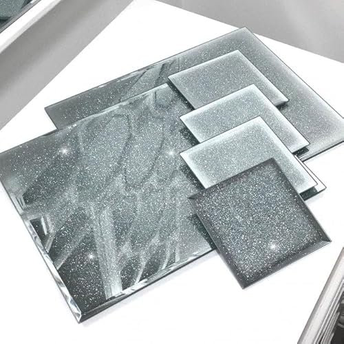 Deenz Glitter Set Of Coasters 10X10Cm, Placemat 20X30Cm & Center Plate Glass Mirrored Square Shaped Sparkle Dining Table Mats Kitchen Luxurious (4 Coasters + 4 Placemats + 1 Center Plate)