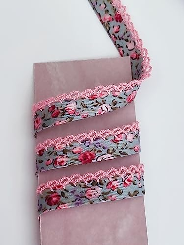 Designer Popeline Schrägband Blümchen Mit Spitze Baumwolle OEKO-TEX Made in Holland (Rosa)