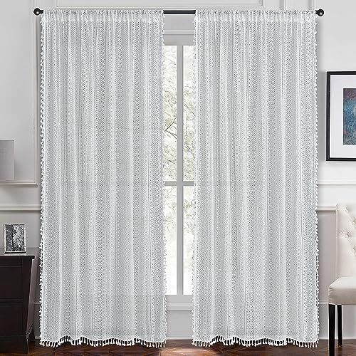 Yaofeiou Weiß Blumenmuster Halbtransparente Vorhänge Vintage Romantisch Mit Hohle Geometrisch Muster Landhaus-Stil Baumwolle Gardinen mit Quaste, 2 Stück, B150xH260cm