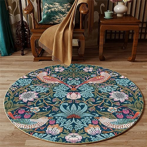 Highdi Teppich Rund Modern rutschfest Waschbar Schlafzimmer Teppiche, Stickerei Blumen Innenbereich Runder Teppich fürs Wohnzimmer, Flur, Kinderzimmer, Büro (120cm,Vogel)