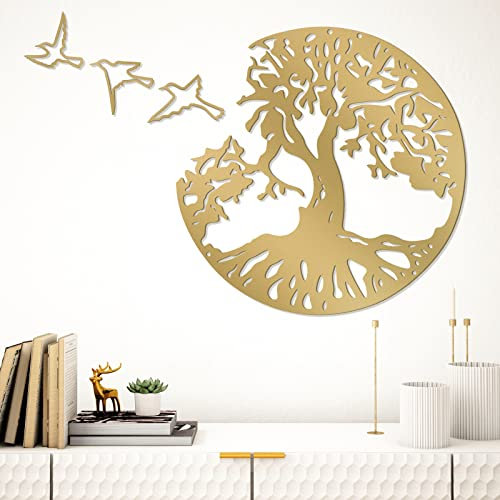 WINUSD Lot de 4 décorations murales en métal, motif d'arbre de vie et oiseaux de la paix, 68 cm, sculpture à suspendre pour le jardin (arbre de vie et 3 oiseaux)