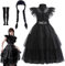 Wednesday Damen Kostüm - Kinder & Mädchen Halloween & Karneval Kragen Kleid - Schwarz Midikleid