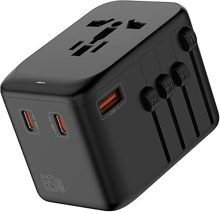 Adaptateur de Voyage Universel GaN 65W Chargeur International 3 USB et 1 Type-C Murale Adaptateur AC Universel et pour Voyager Plus de 200 Pays Rapide Chargeur Mondial Prise USA UK Canada EU AUS