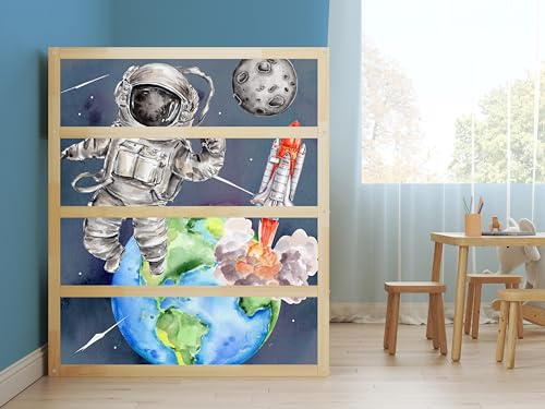 Aufkleber passend für Ikea KURA Bett Sticker Kinderzimmer Sonnensystem Space Weltall Astronaut Planeten Spielzimmer Deko Bettaufkleber KB3034 (SeitenSticker 4tlg.)