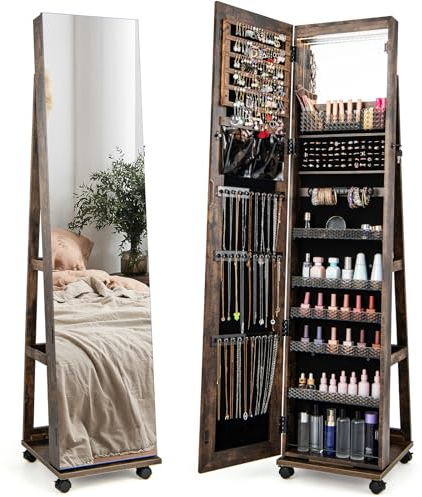 RELAX4LIFE Schmuckschrank mit Ganzkörperspiegel, 3 in 1 Spiegelschrank mit 4 Rädern & 3 farbigen LEDs, 360° Drehbar & Abschließbar, Schmuckorganizer mit 3 Regalen (Vintagebraun)