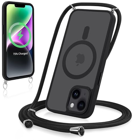 Yoedge Magnetische Handyband für iPhone 15 6,1 Hülle mit Band, Handyhülle Kompatibel mit MagSafe, Matt Transluzente PC + TPU Stoßfest Schutzhülle mit Abnehmbar Kordel zum Umhängen Case, Schwarz